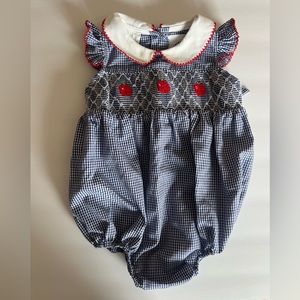 Southern Smocked • infant baby girl apple gingham bubble ruffle onesie 6 months